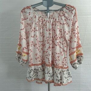 Fever Off-White Boho Floral Peasant Blouse Cottagecore Prairie Ruffle Tunic Top